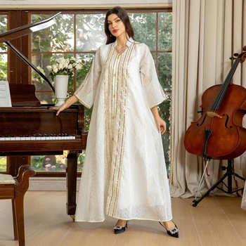 Zahraa Dubai Fashion Sequins Embroidery Abaya Chic And Elegant Women Evening Dress Long Sleeve Notched V-Neck Casual Robe 2026 1
