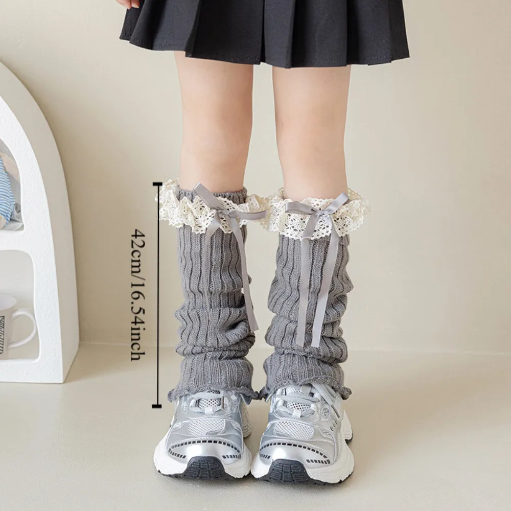 Fashion Harajuku Bow Ribbon Leg Warmers Solid Color Sweet Lolita Knitted Socks Long Stockings Kawaii Knitted Foot Cover Girls