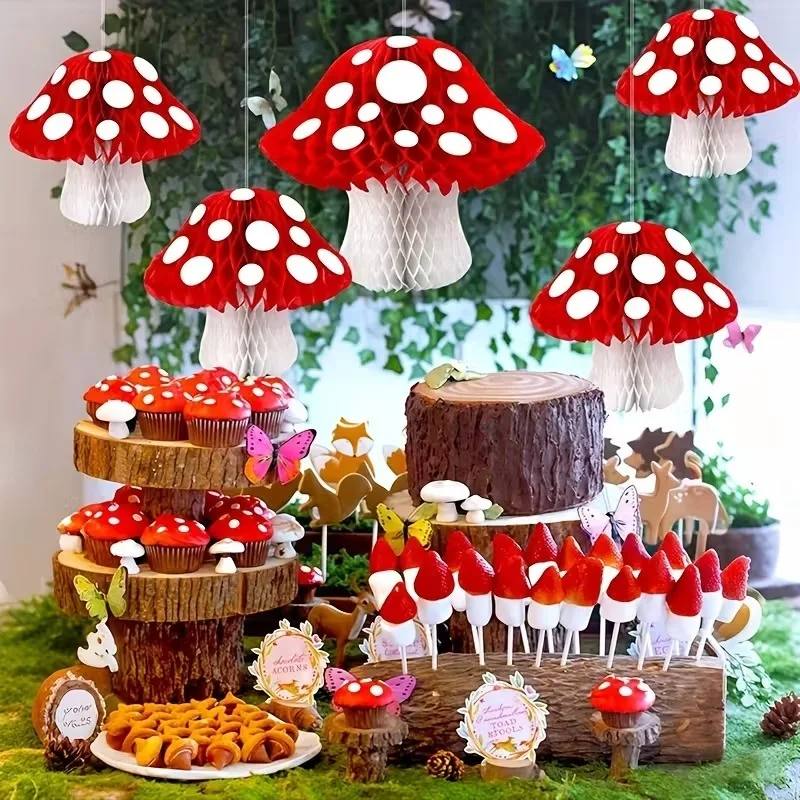 Kreative Pilz-Wabenkugel, 3D-Hängeornament für Partys im Innenbereich, Waldthema, Geburtstag, Hochzeitsdekoration, Dschungelwunderland-Setup – Detail 1