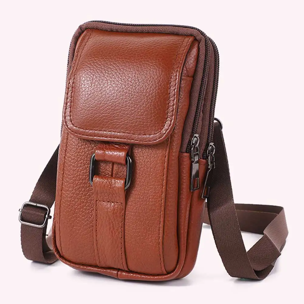 Portable Men Messenger Bags Cowhide Leather Belt Pouch Purse Fashion Simple Multi-pockets Casual for Outdoor Sport