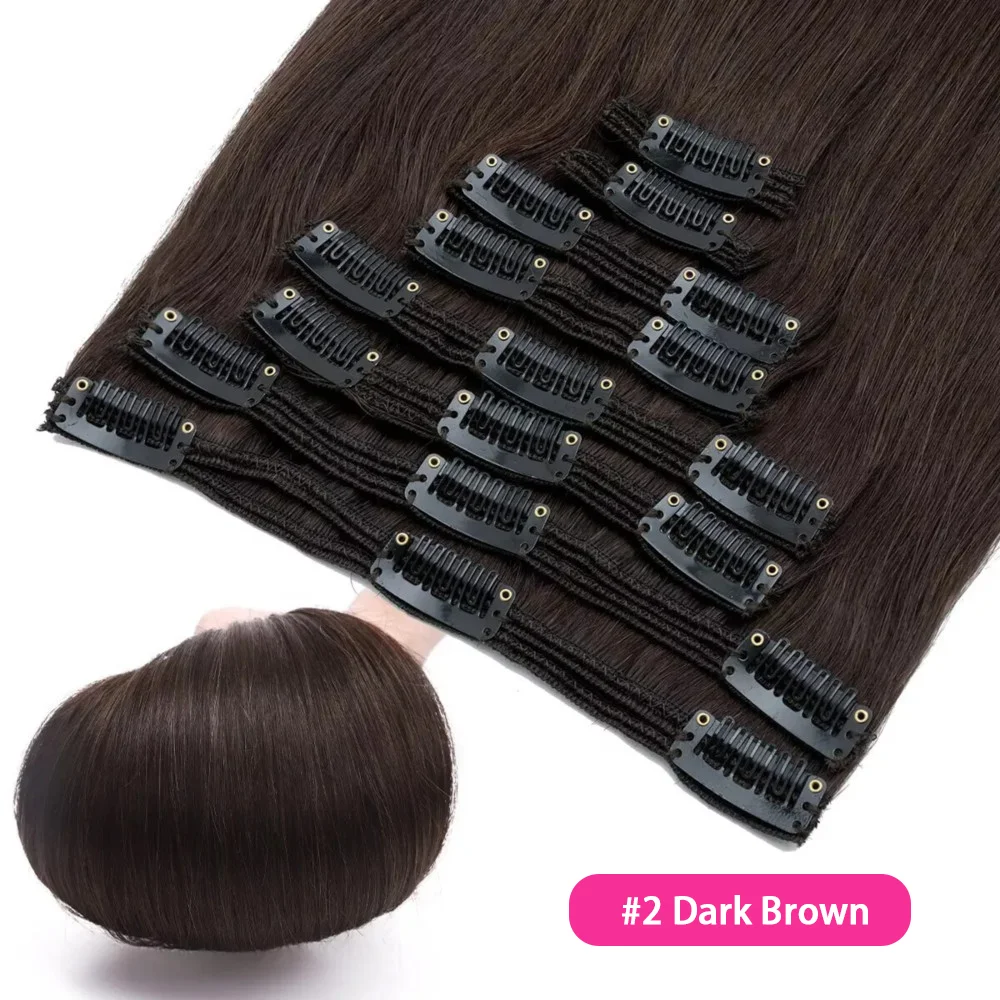 Clip In Hair Extensions #2 Dark Brown Human Hair Straight Brazilian Full Head Seamless Clip ins Extensions for Women 120G 8Pcs