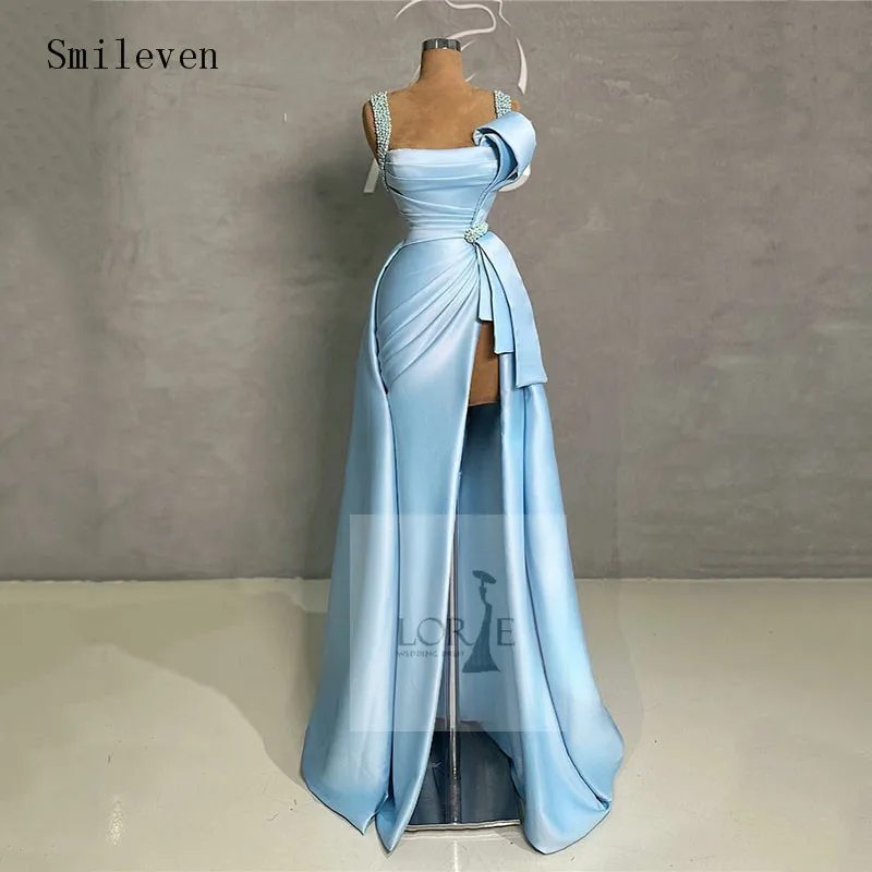 

Smileven Sky Blue Mermaid Evening Dresses Pearls Beading Sequins Prom Dress Saudi Arabia Modern Side Split Party Dress 2023