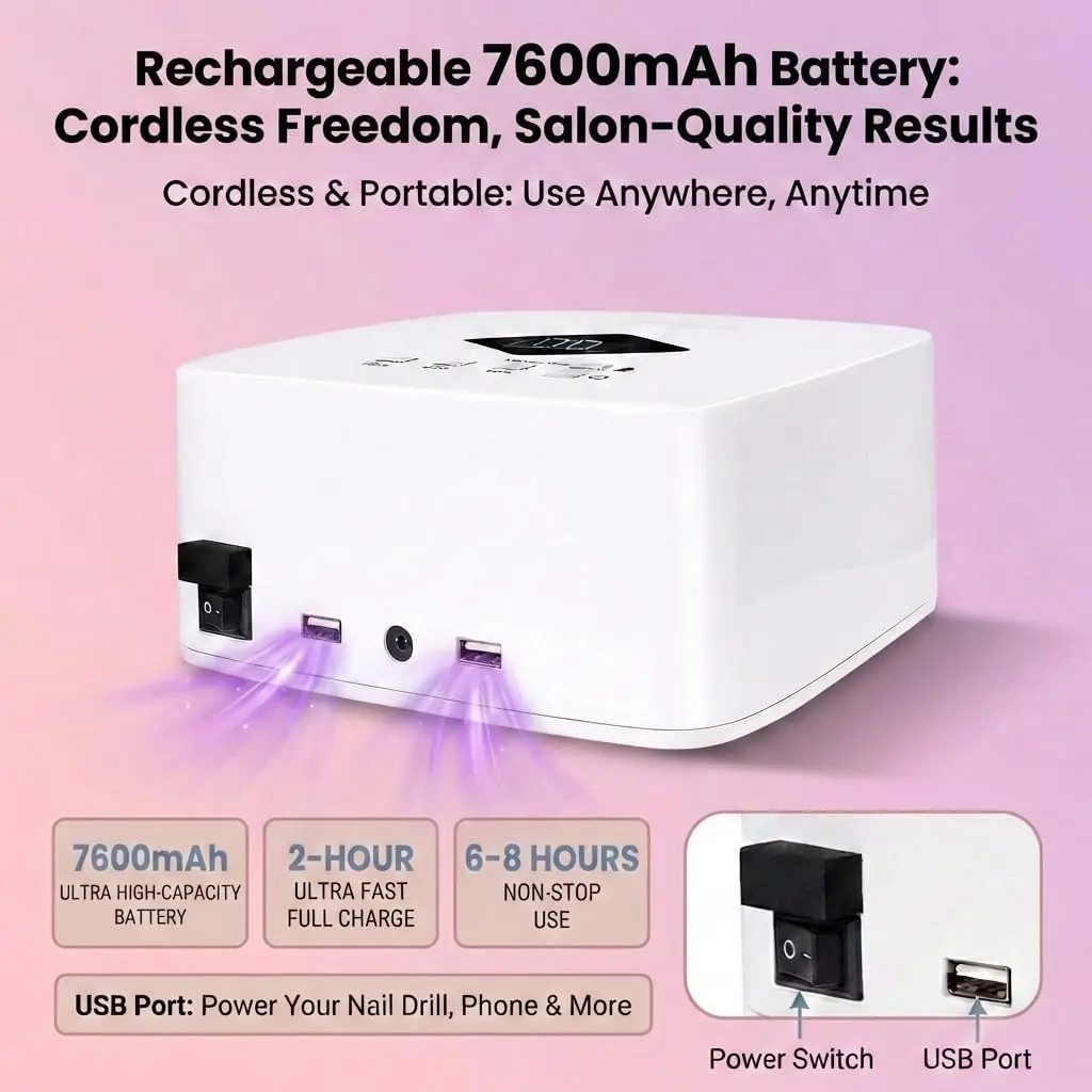 7600mAh 무선 충전식 UV 젤 네일 램프 120W 3단계 타이머 설정 자동 센서 전문 네일 드라이어 (살롱 및 가정용)