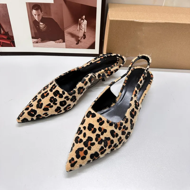 TRAF Women's Flat Bottom Slingback Sandals Leopard Pointed End Woman Mules Autumn Fashion Animal Print Low-heel Beach Shoes