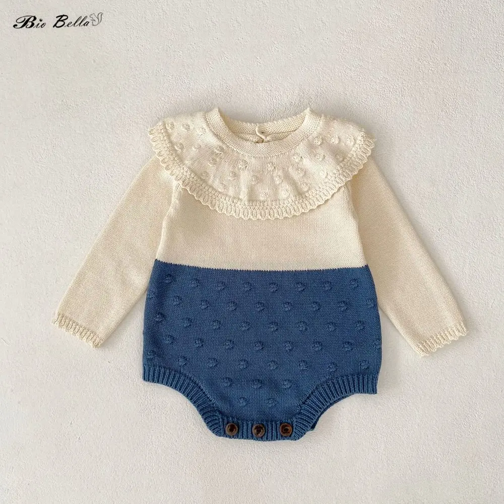 유니섹스  니트 바디수트 큰 카라 물방울 무늬 긴팔 피부 친화적인 스트레치 롬퍼 남아 여아 가을 겨울 3-24개월  스웨터