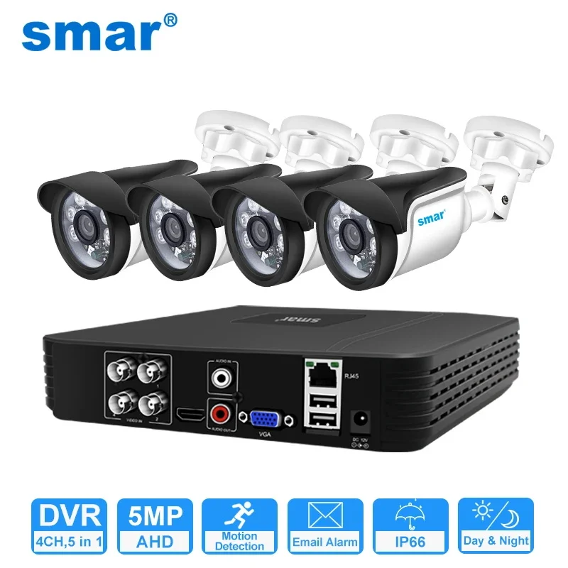 Smar-Sistema de videovigilancia 5 en 1, Kit de cámaras AHD de 5MP, 1080P, 720P, grabador de vídeo, seguridad al aire libre, 4 canales, sistema CCTV, alarma de correo electrónico