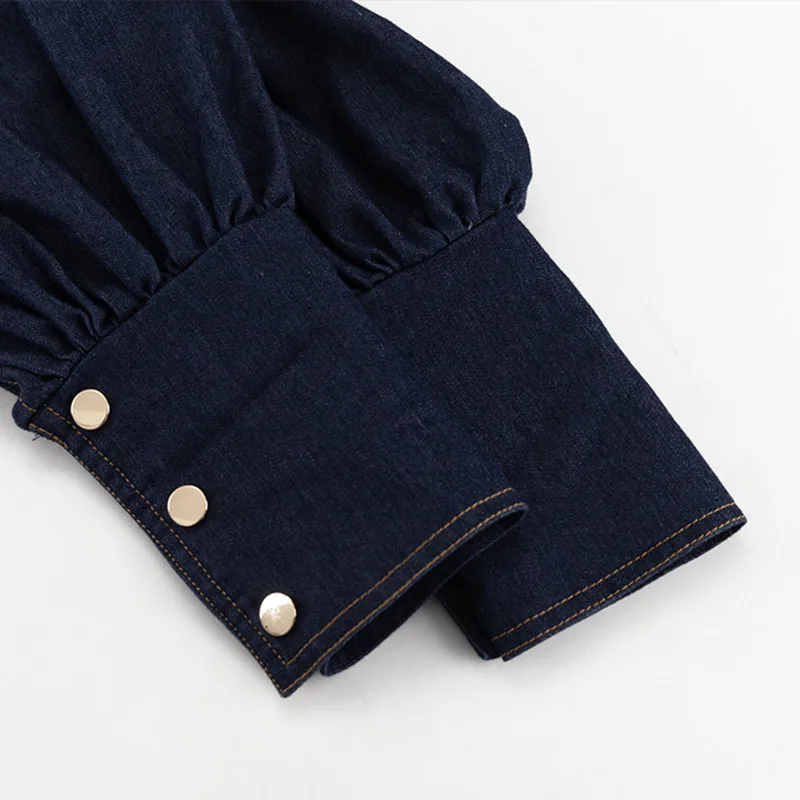 Casual Women's Denim Blue Mini Dresses O-neck Long Sleeved Cinched High Waist Lace Up Dresses 2025 Spring Lady A-line Vestidos