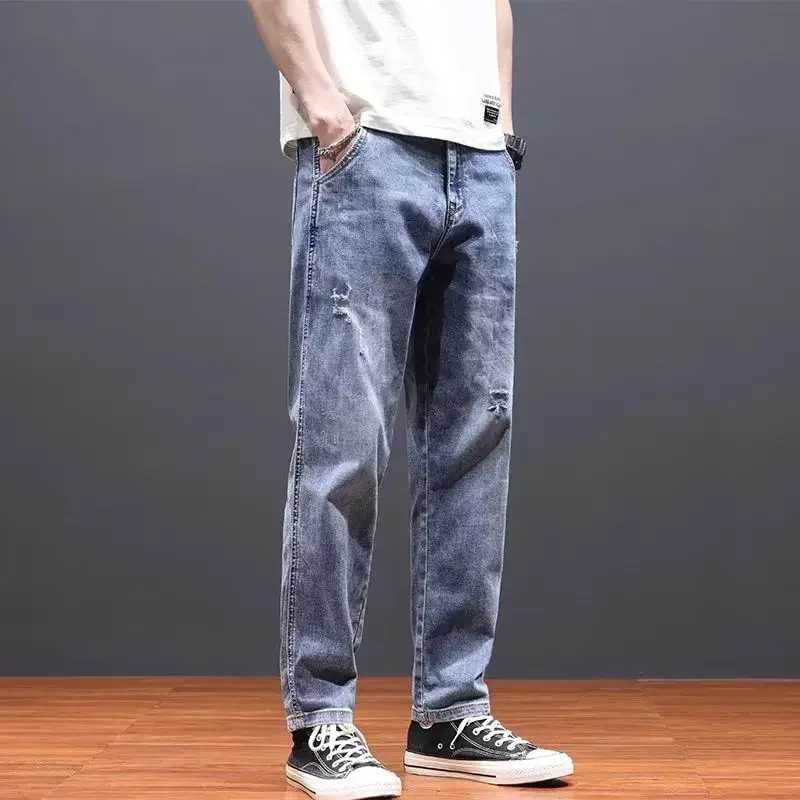Pantalones con Bolsillos Jeans Hombre Rotos Hombre Pantalones Vaquero Rotos Azul Claro Rasgados Agujeros Originales Verano Otoño Ropa Tallas Grandes