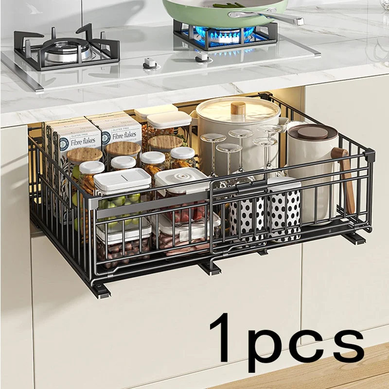 Organizer kuchenny - regulowana półka wysuwana, oszczędzający miejsce system przechowywania w szafce z solidną metalową konstrukcją, czarny