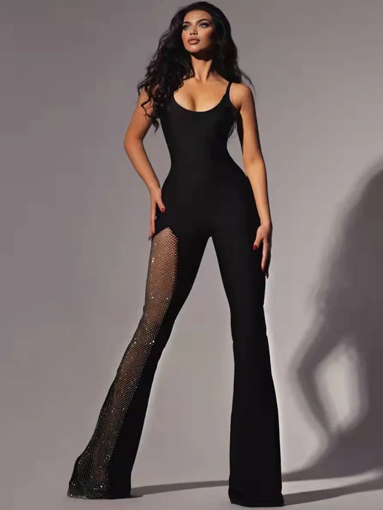 

New Women Summer Sexy Crystal Diamonds Black Bodycon Flare Bandage Jumpsuit 2022 Celebrity Designer Boot Cut High Street Rompers