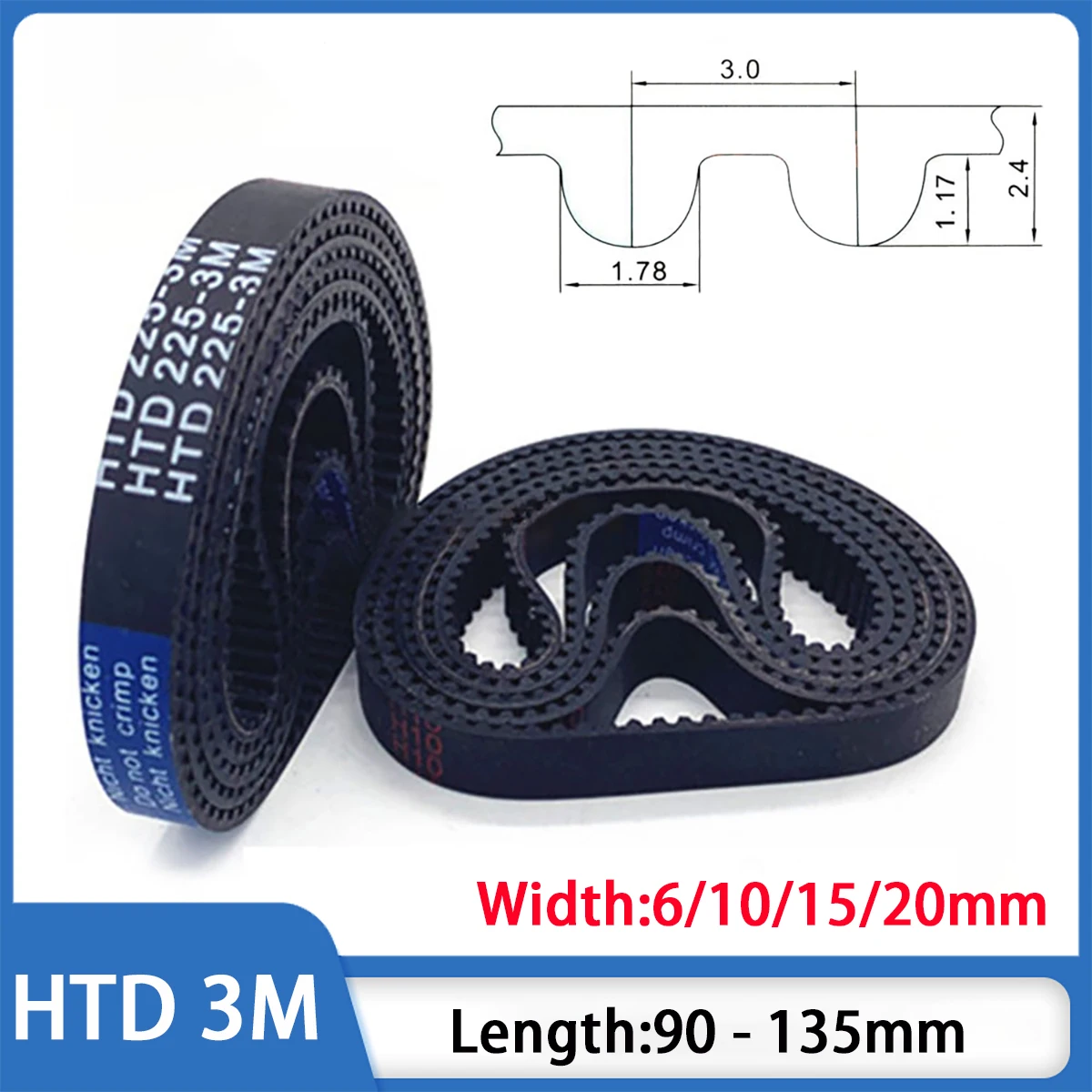 

Width 6/10/15/20mm HTD-3M Rubber Closed Loop Timing Belt Pitch 3mm Drive Belts Length 90 99 105 108 111 120 123 - 135mm