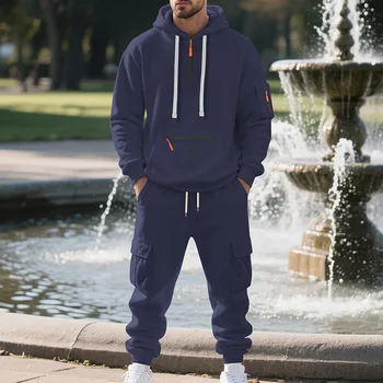Alternative view of New Men's Winter Thick Fleece-Lined Casual Sports Suit - Loose Fit Design, Half-Open Style Of Wearing, Two-Piece Workwear Style