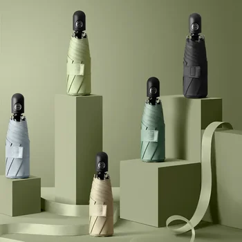 전자동 미니 블랙 코팅 5 단 태양 우산, 귀여운 미니 포켓 우산, 휴대용 3 단