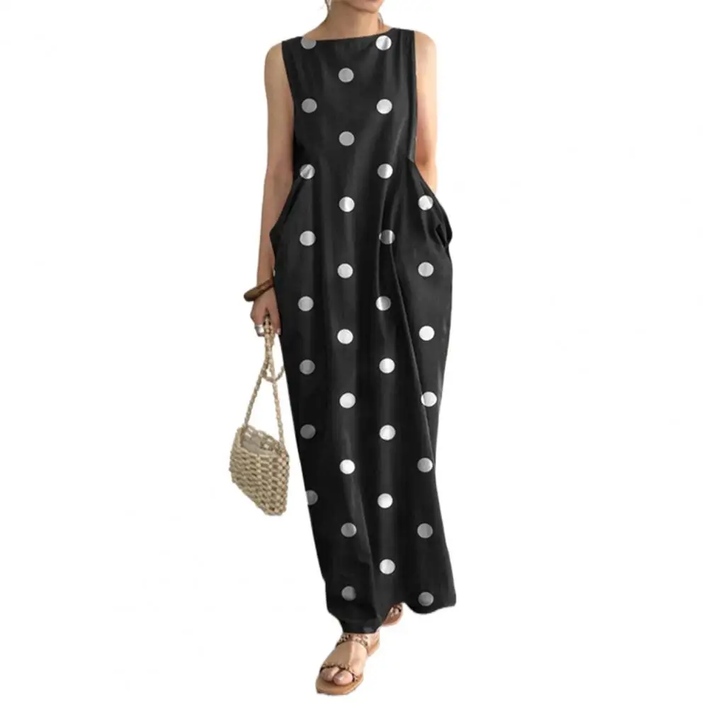 

Women Summer Dress Dot Print Color Matching Sleeveless O Neck Loose Big Pockets Ankle Length Dress