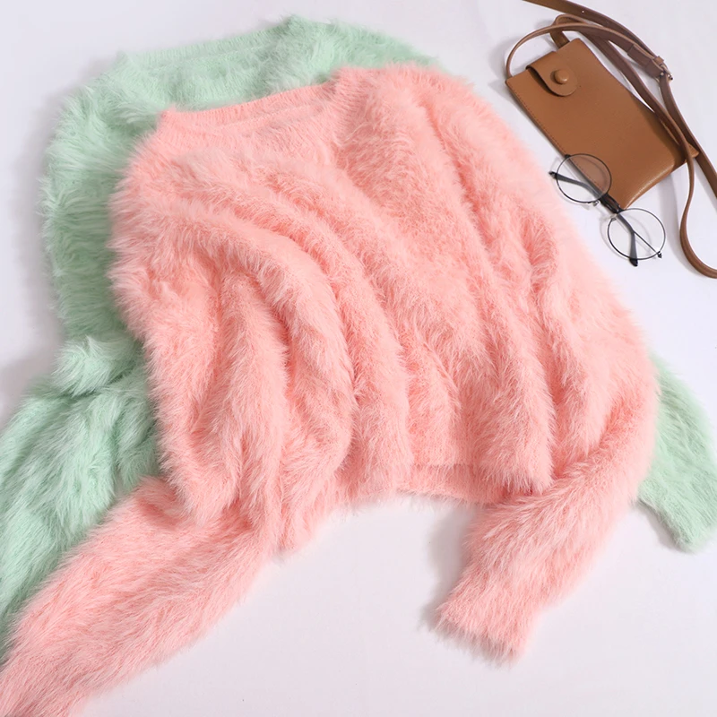 

Autumn Imitation Mink Sweater Women O-neck Long-sleeved Solid Color Pullover Top Casual Fashion Simple Soft Short Knitwear