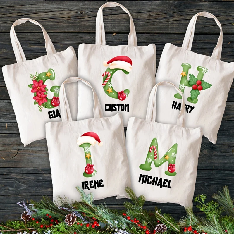 Personalisierte Weihnachts-Tragetasche aus Segeltuch mit Initiale und Namen, individuelles Frohe Weihnachtsabend, dekorieren Sie Neujahrsgeschenk, Urlaubsparty-Accessoires