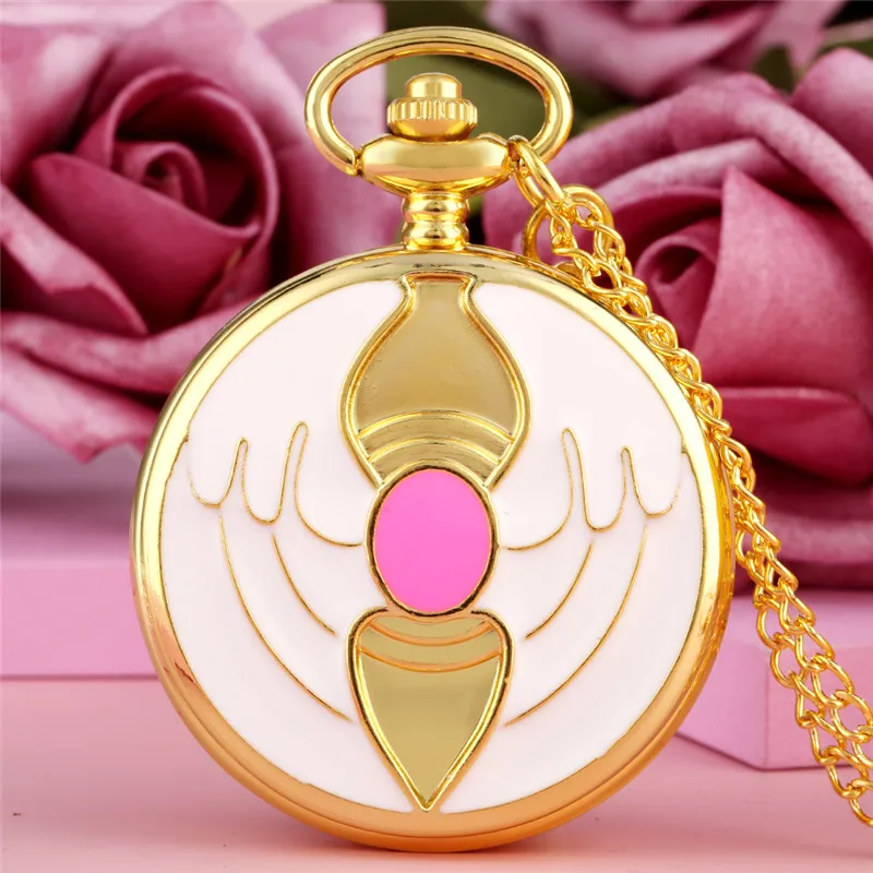 Cute 3D Red Heart Cover Pendant Moon/Cat/Pentagram Gadget Women Girl Japan Anime Quartz Pocket Watch Necklace Chain Timepiece