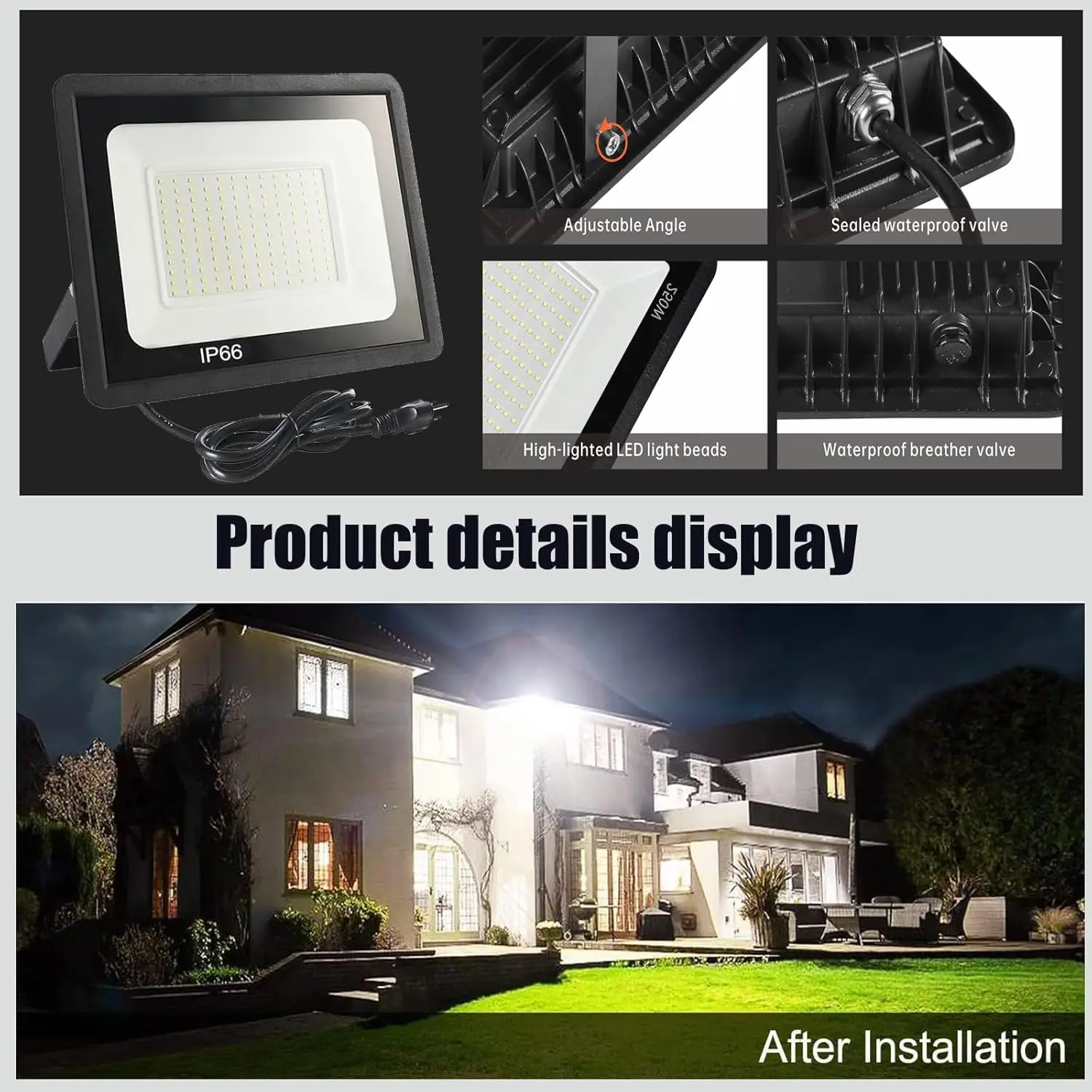 야외 LED 투광등 10W 20W 30W 50W 100W 밝은 보안등 IP66 방수 백색 투광등 (차고, 정원, 경기장용)