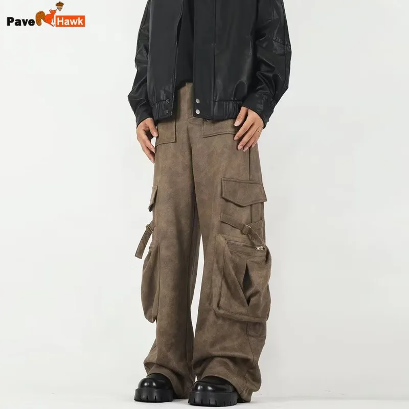 

Retro Cargo Suede Pant Men Casual Large Pocket Loose Tube Draped Wide Leg Pants Male High Street Straight Brown Baggy Trousers
