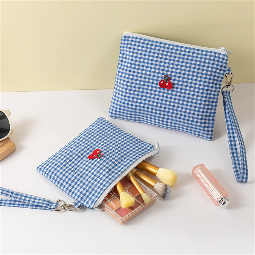 Red Cherry Canvas Makeup Bag, Portable And Easy To Carry. Red Plaid, Large Capacity Cosmetic Lipstick Storage Bag Travel Handbag