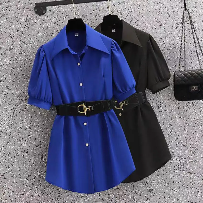 

2023 Women's Clothing Commute Slim Solid Color Turn-down Collar Fashion Summer Short Sleeve Single Breasted Shirt Sequined Belt