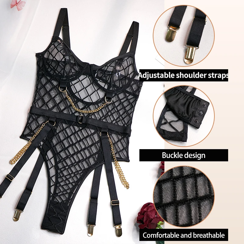 Women Jumpsuit Women Bodysuit Sleep Wear Set Women Suspender Pajamas Women's Tight Fitting Transparent Jumpsuit Women's Sexy Lace Decoration with Chain V-Neck Suspender Jumpsuit Pajamas