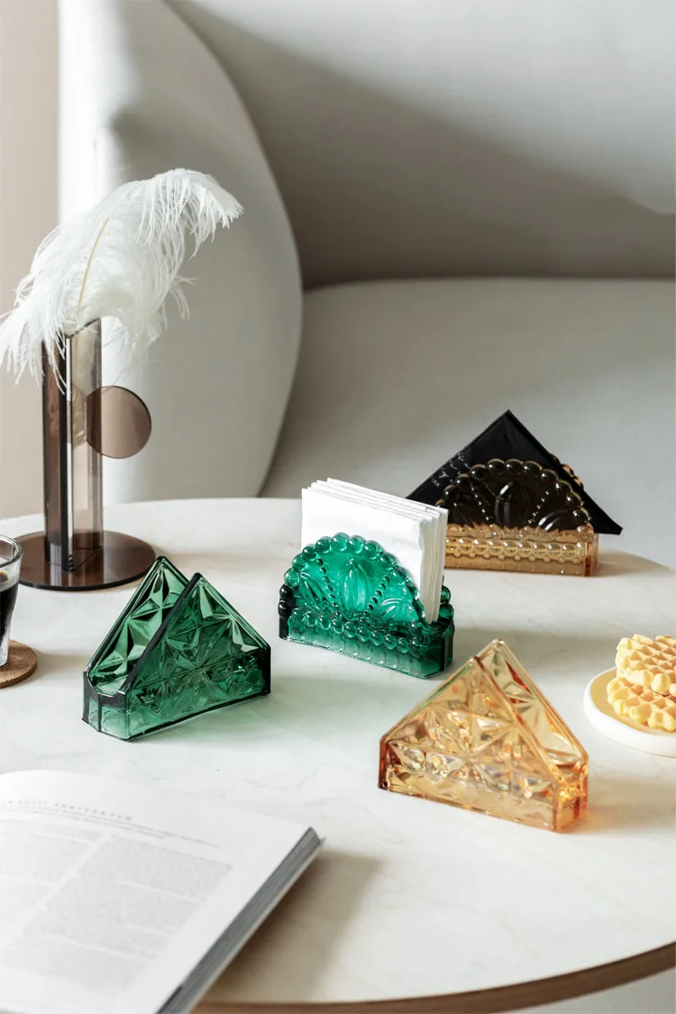 

Nordic Glass Tissue Holder Retro Relief Decorative Napkin Box Hotel Vertical Tissues Boxes Restaurant Desktop Tissue Organizer