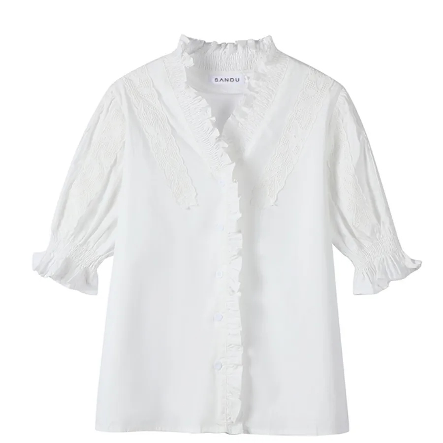 

2022 New Pattern Blouse Design Sense Small Popular Bubble Sleeve Top Loose Fashion Free Shipping