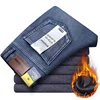 Men Autumn Winter Smart Casual Thermal Jeans Male Snow Warm Plush Fleece Straight Leg Stretch Denim Pants Black Gray Trousers