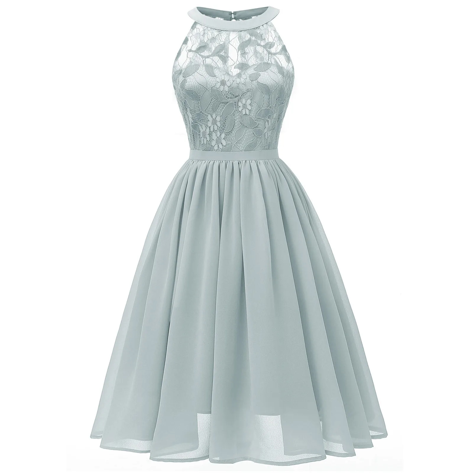 Elegant formal cocktail lace patchwork chiffon wedding guest dress 2023 summer sleeveless halter slim knee-length swing dress