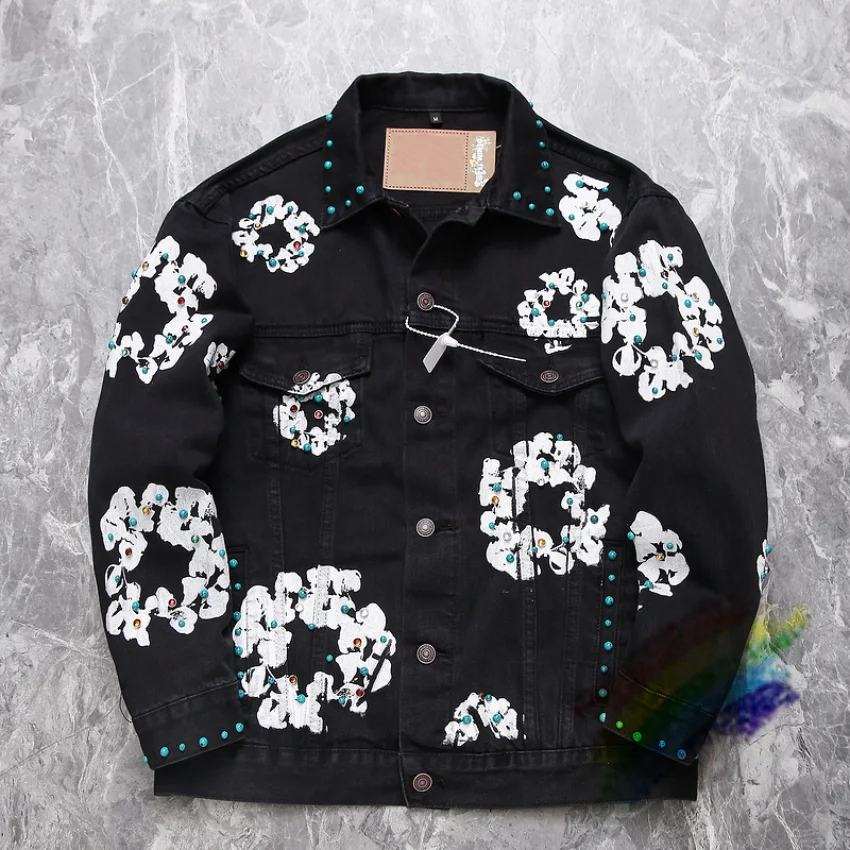 

Washed Inlay Gem Denim Jeans Jacket Men Women 1:1 Top Quality Kanye Oversized Jackets Coat