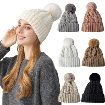 Winter Twist Knitting Hats Warm Fur Pompom Thick Plush Cap Beanies Solid Ladies Versatile Ski Snow Skullies Beanies Velvet Hat 1