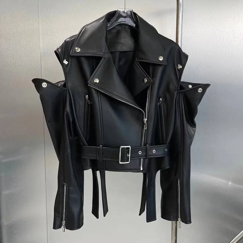 

Lady Genuine Sheepskin Leather Jackets Fashion Motorcycle Jackets Women Real Leather Coat With Belt Autumn Winter ZM5453