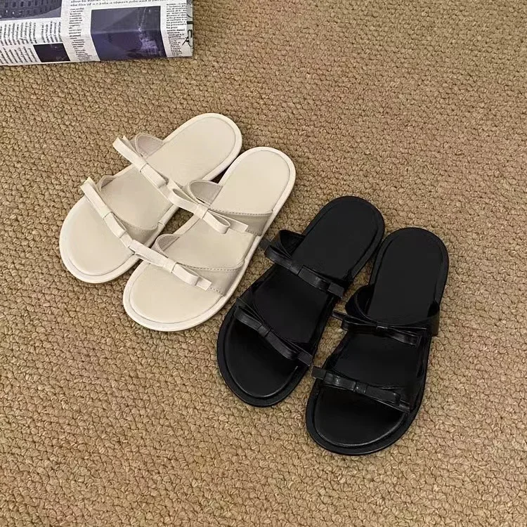 Double Bowtie Flat Slippers Shoes Woman 2024 Trend Silver Black Flats Sandals Mules Women's Summer Footwear Chaussures Femme