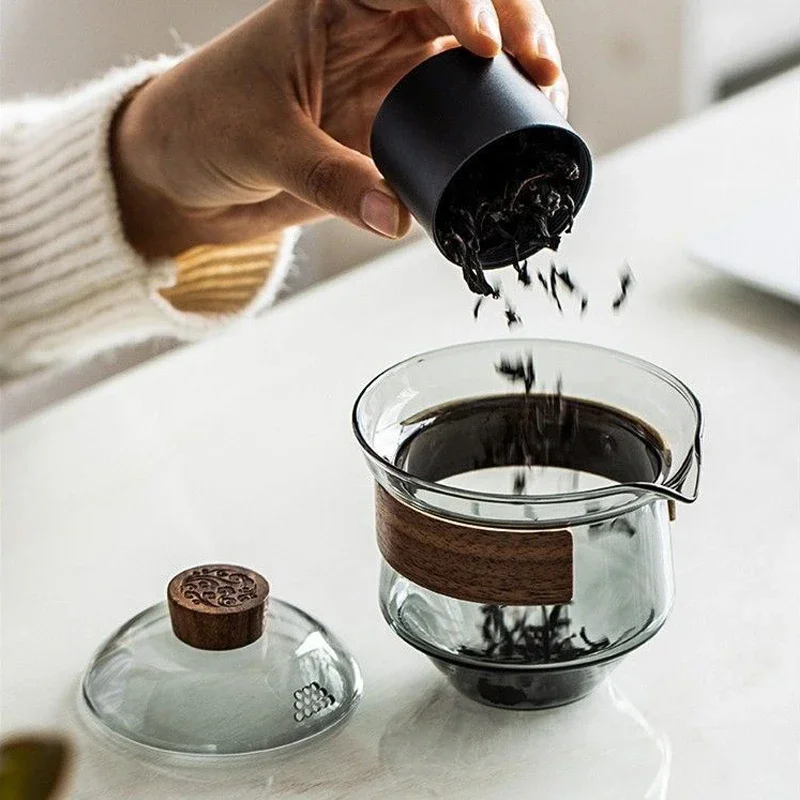 Tea set New High Boron Silicon Glass Gaiwan Cup Cover Wooden Heat Insulation Chinese Tea Bowl Tureen Travel Teaware Sets 200ML