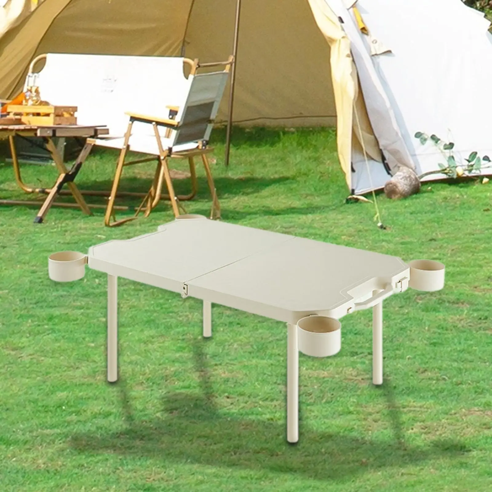 Folding Camping Table Beach Table with 4 Cup Holders Handle Design Multipurpose Outdoor Desk Cooking Desk for BBQ Backpacking 2