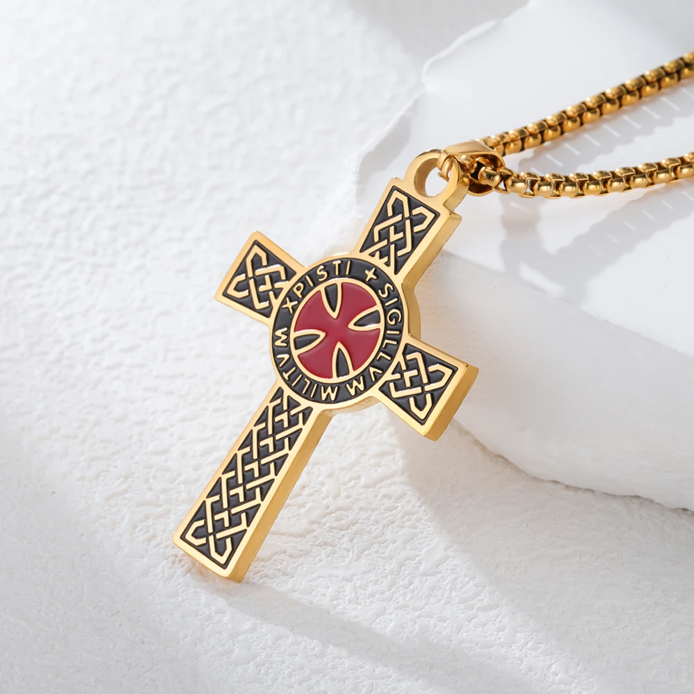 Dawapara Ritter Templer Kreuz Anhänger Halskette für Männer Kreuzritter Heiliger Ritter Religiöser Schutz Amulett Edelstahl Schmuck
