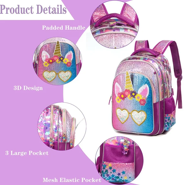 BIKAB Unicorn School Bag 13"16" Girls Backpack School Sequin Backpack with Lunch Box Kawaii Backpack Girls School Supplies 3