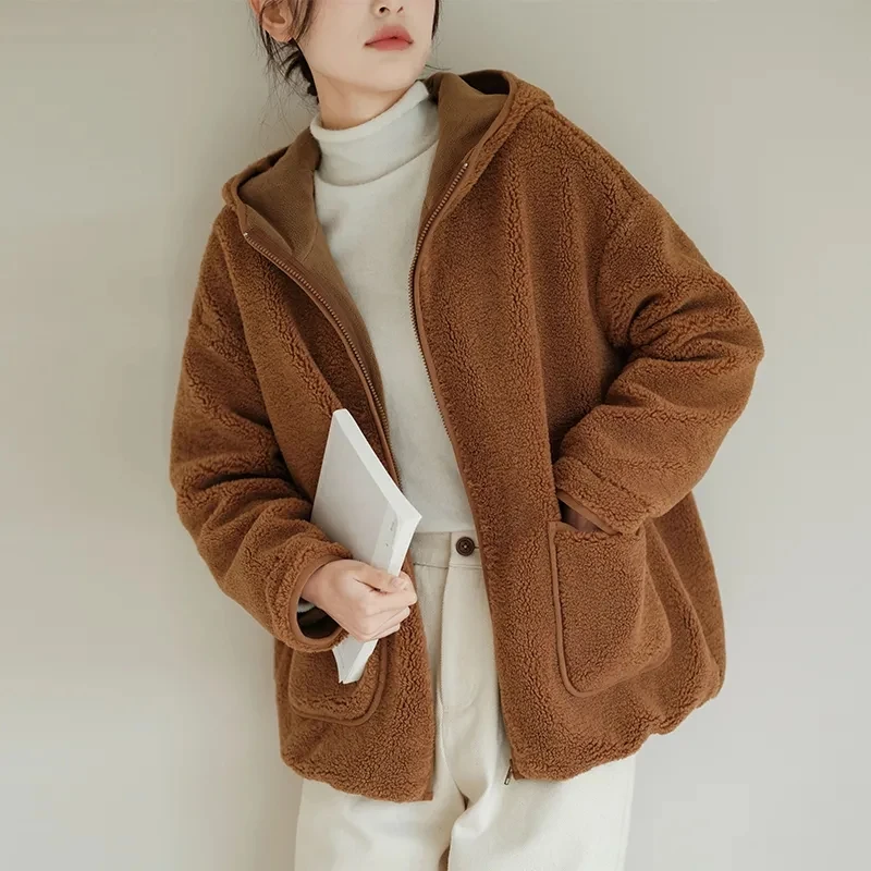여성용 후드 양털 코트, 라지 사이즈, 따뜻한 모피 원 펠렛 플리스 코트, 두꺼운 양털 시어링, 신상