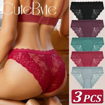 3Pcs/Set Seamless Lace Women Panties Transprant Hollow Out Low Waist Briefs Female Solid Soft Breathable Lingerie Underwear