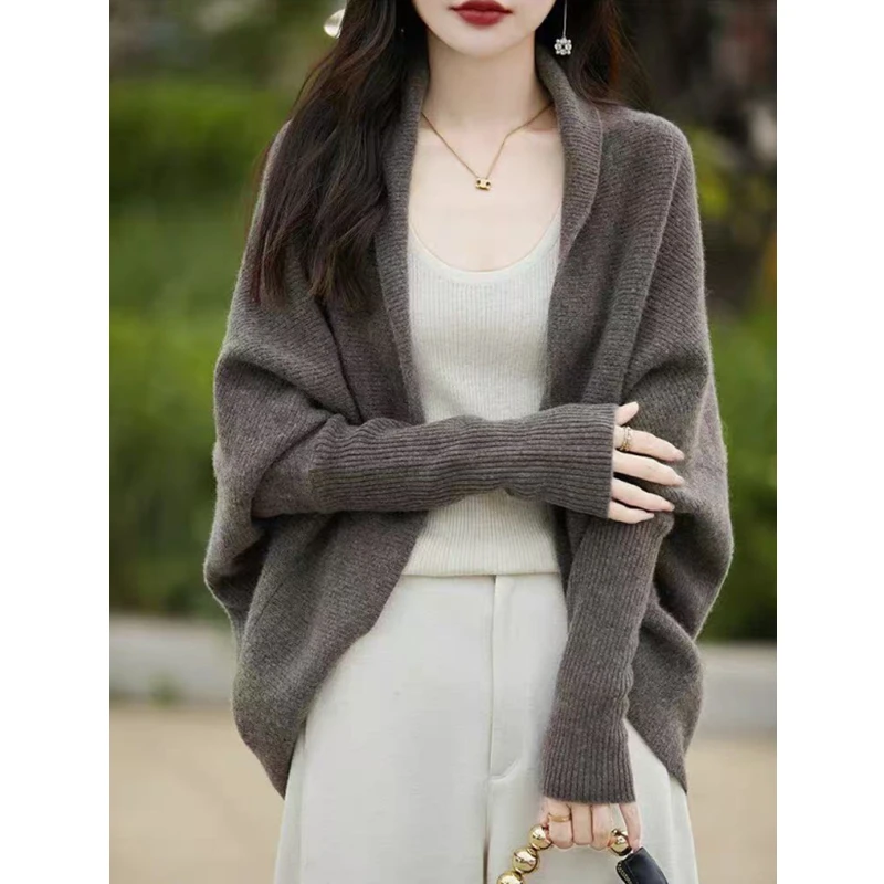 Autumn and Winter New Women's Cardigan Batman Solid Color Sweater Fashionable and Elegant Knitted Loose Cape Vintage Shawl Top