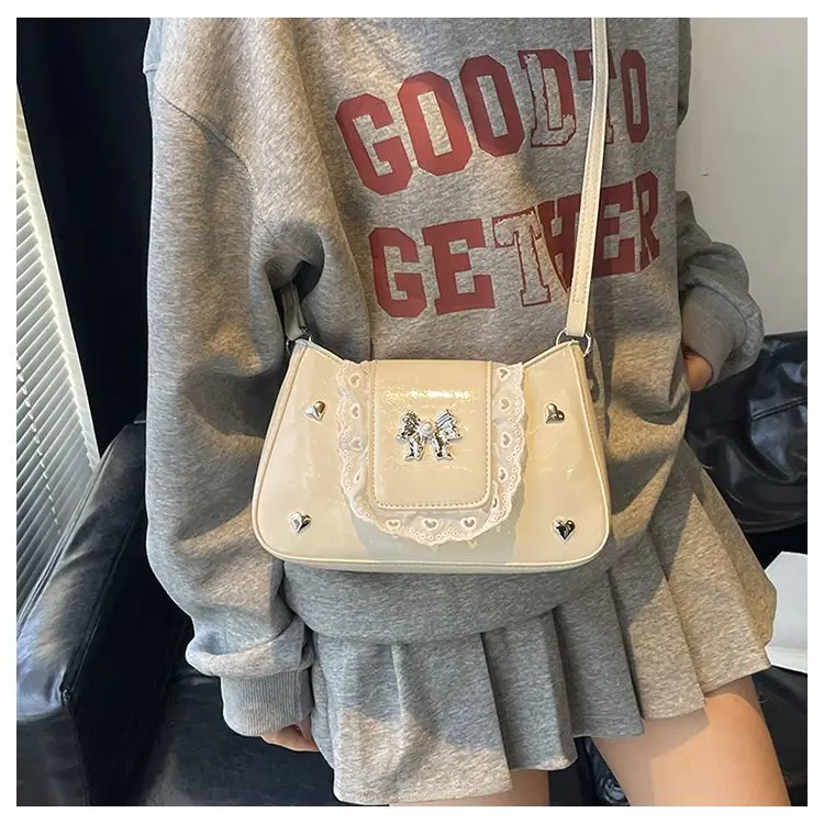 JIAERDI Hot Girls Lace Bow Black Shoulder Bags Women Harajuku Sweet Cute Leather Crossbody Bags Ladies Ballet Style Y2k Handbag