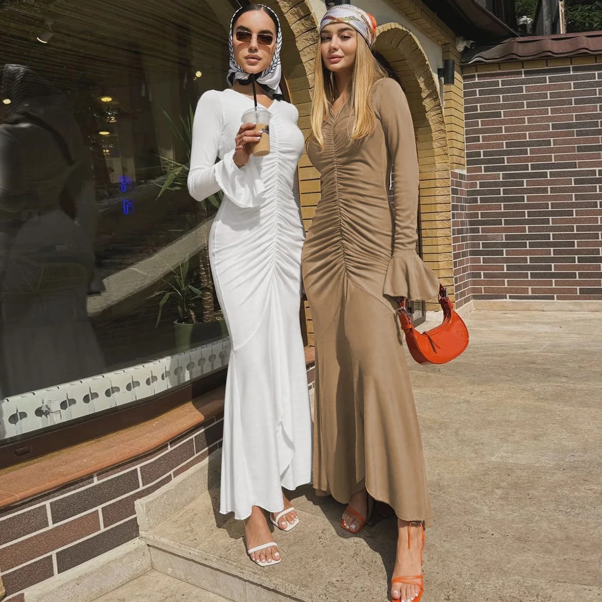 V-Neck Pleated Slim Long Dress Female Fashion Ruffled Patchwork Solid Elegant Party Dress New Women Maxi Dress Streetwear