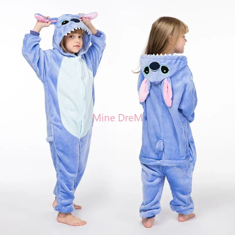 Kids Stitch Pluto Winnie Bear Onesies Pajamas Kigurumi Animal Piglet Tiger Pajamas Hooded Flannel Jumpsuits Cosplay Costumes