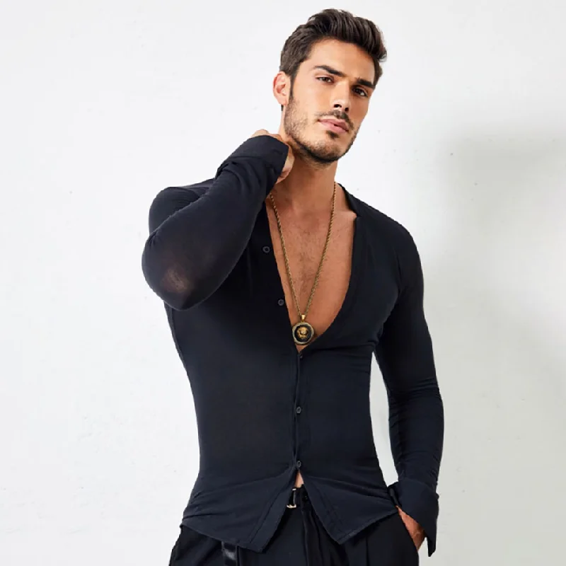 

New Men Latin Dance Shirt Black Button Design Sexy V-Neck Male Latino Dance Clothes Long Sleeve Waltz Tango Ballroom Wear 20603