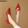 NASBAVI Women's New Spring Genuine Leather Sheepskin Pointed Three Row Buckle High Heel Large Mary Jane Work Single Shoes 34-46 5