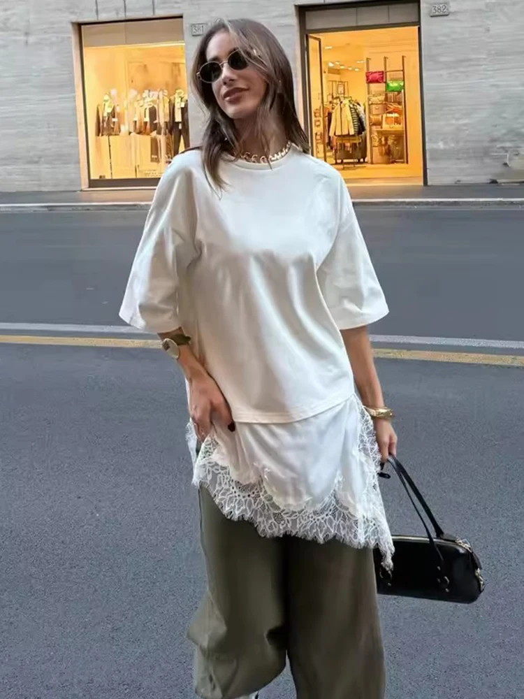 Women's T-Shirts Spring Autumn Fashion Lace Hem T Shirts for Women Asymmetry Streetwear Long Sleeve Slim Casual Tops