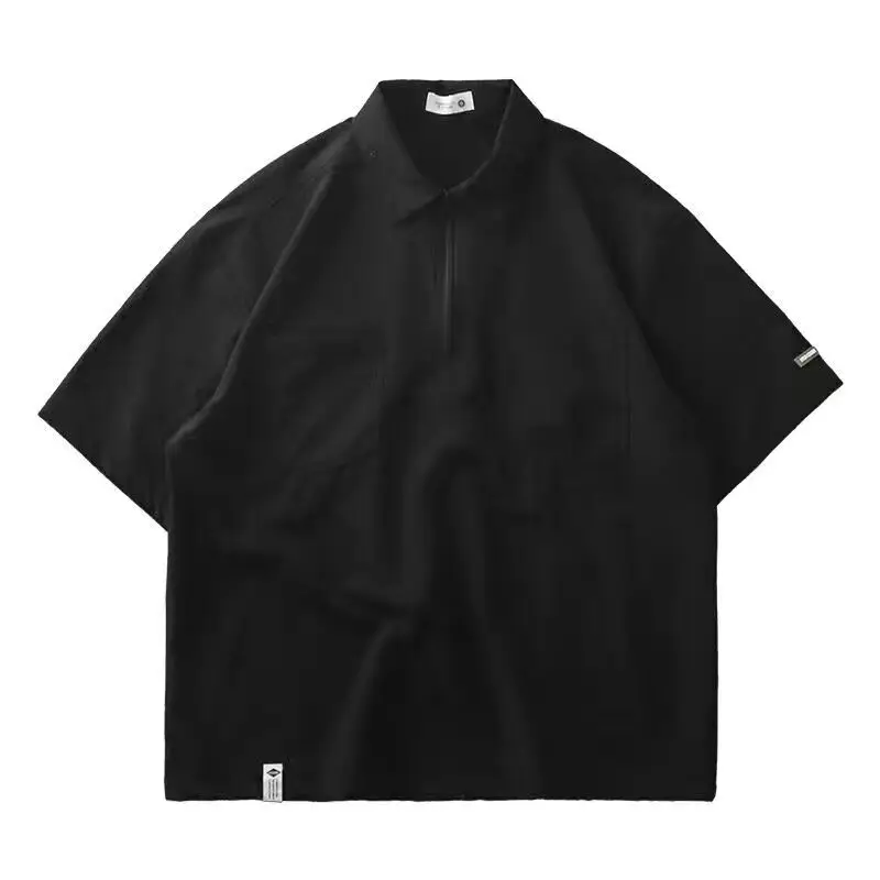 

Japanese Style Pullovers Polo-Neck Zipper Spliced Pockets Casual Solid Color Trendy All-match Loose Short Sleeve T-shirt Tops