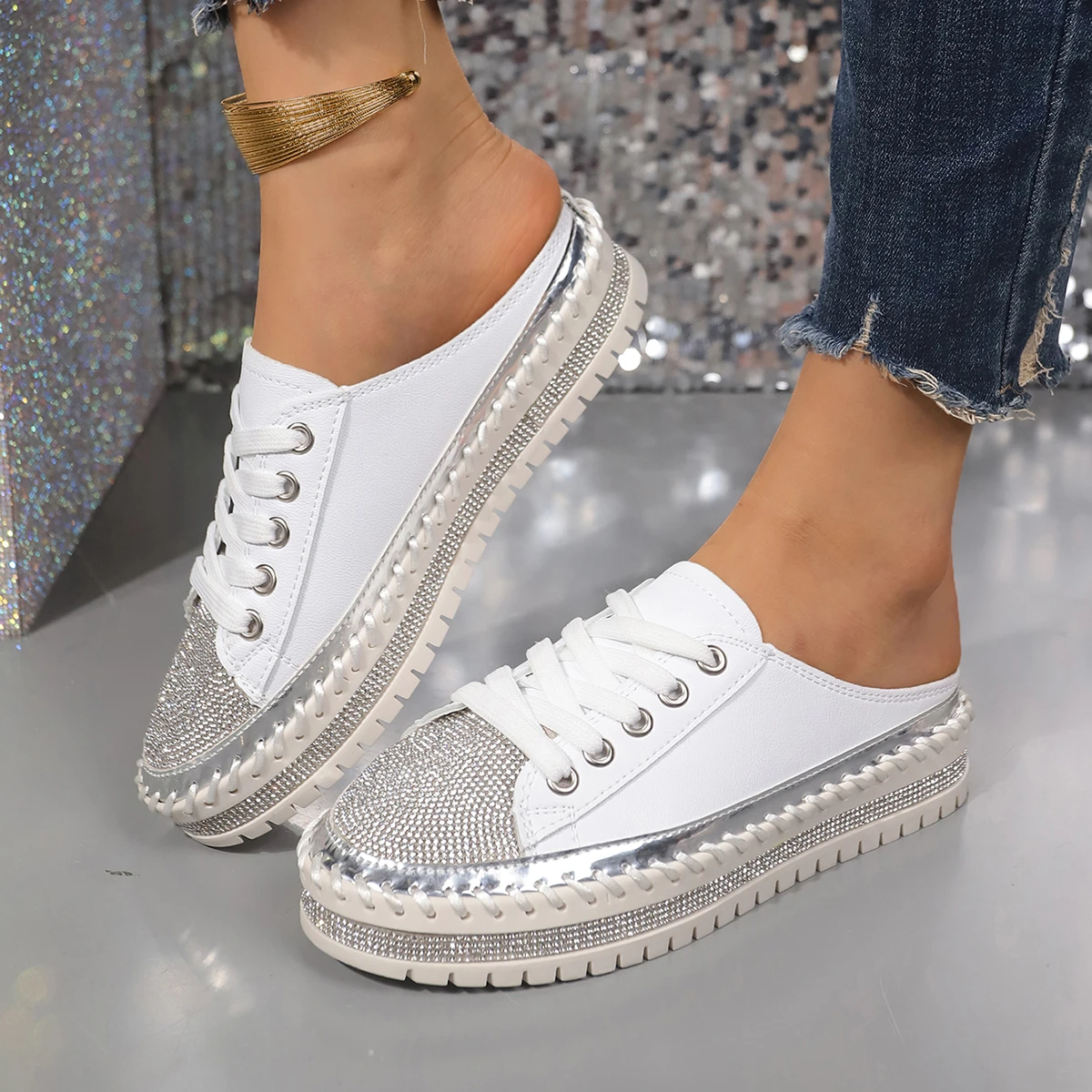woman trend Crystal Half Slippers for Women Flat Platform Shoes Comfortable Elegant Women's Shoes Bling Luxury Women's Sandals