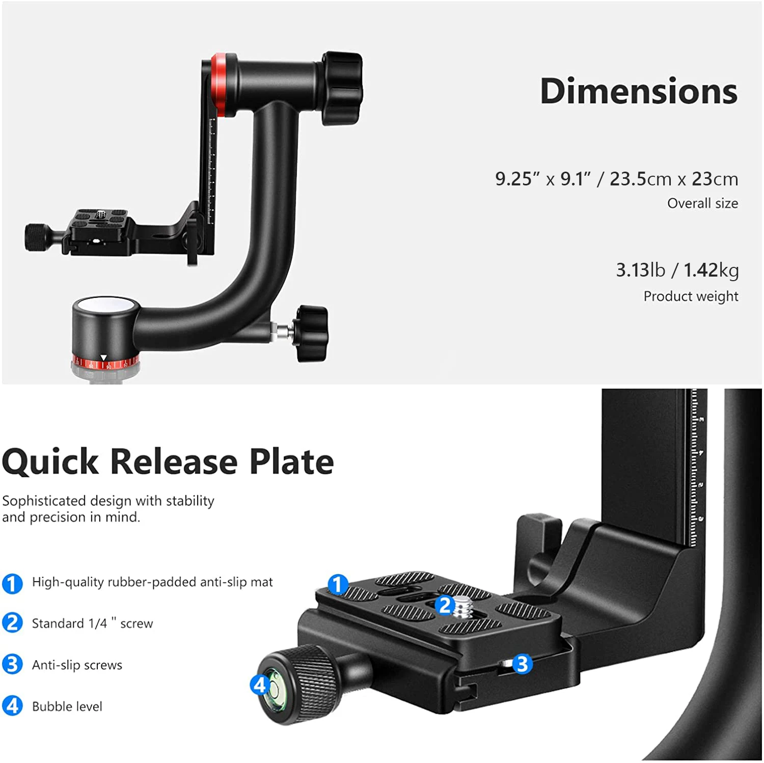 Neewer GM101 Professional Heavy Duty Aluminum Alloy Gimbal Tripod Head with Quick Release Plate 360 Degree Panoramic Shooting